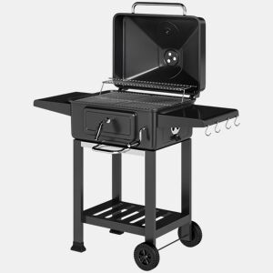 Outsunny Grelhador de Carvão Portátil, Grelhador Móvel com Bandeja e Ventilação Ajustável, Prateleiras Laterais, Termómetro, Tampa, Gaveta de Cinzas, Rodas, Porta Frontal, Pega, Preto