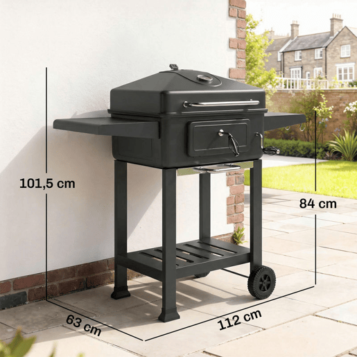Outsunny Grelhador de Carvão Portátil, Grelhador Móvel com Bandeja e Ventilação Ajustável, Prateleiras Laterais, Termómetro, Tampa, Gaveta de Cinzas, Rodas, Porta Frontal, Pega, Preto