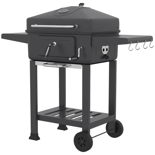 Outsunny Grelhador de Carvão Portátil, Grelhador Móvel com Bandeja e Ventilação Ajustável, Prateleiras Laterais, Termómetro, Tampa, Gaveta de Cinzas, Rodas, Porta Frontal, Pega, Preto