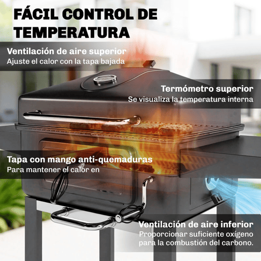 Outsunny Grelhador de Carvão Portátil, Grelhador Móvel com Bandeja e Ventilação Ajustável, Prateleiras Laterais, Termómetro, Tampa, Gaveta de Cinzas, Rodas, Porta Frontal, Pega, Preto