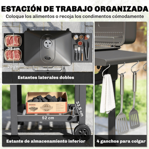 Outsunny Grelhador de Carvão Portátil, Grelhador Móvel com Bandeja e Ventilação Ajustável, Prateleiras Laterais, Termómetro, Tampa, Gaveta de Cinzas, Rodas, Porta Frontal, Pega, Preto