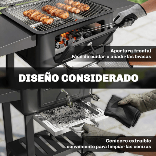 Outsunny Grelhador de Carvão Portátil, Grelhador Móvel com Bandeja e Ventilação Ajustável, Prateleiras Laterais, Termómetro, Tampa, Gaveta de Cinzas, Rodas, Porta Frontal, Pega, Preto