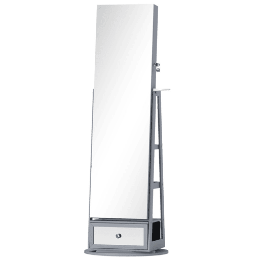 HOMCOM Armário de Joias com Espelho e Luzes LED, Armário de Pé para Joias, Espelho de Corpo Inteiro, Suporte para Secador, Rotativo 360°, Gaveta, Fechadura e Prateleiras Abertas, Cinzento Claro e Bege