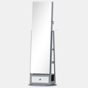 HOMCOM Armário de Joias com Espelho e Luzes LED, Armário de Pé para Joias, Espelho de Corpo Inteiro, Suporte para Secador, Rotativo 360°, Gaveta, Fechadura e Prateleiras Abertas, Cinzento Claro e Bege