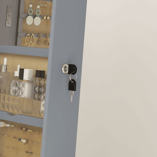 HOMCOM Armário de Joias com Espelho e Luzes LED, Armário de Pé para Joias, Espelho de Corpo Inteiro, Suporte para Secador, Rotativo 360°, Gaveta, Fechadura e Prateleiras Abertas, Cinzento Claro e Bege