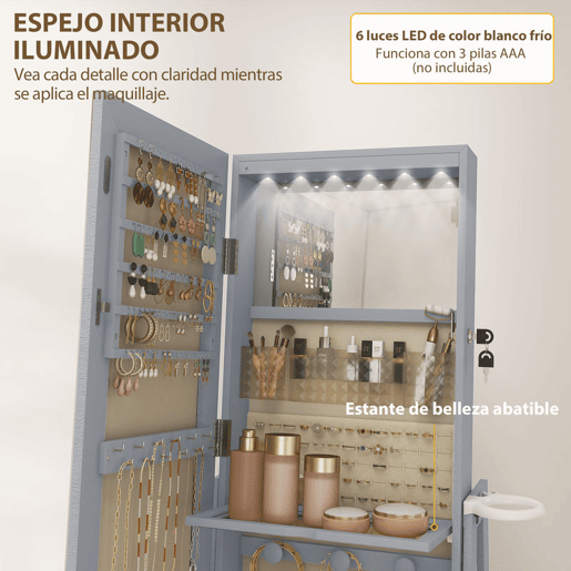 HOMCOM Armário de Joias com Espelho e Luzes LED, Armário de Pé para Joias, Espelho de Corpo Inteiro, Suporte para Secador, Rotativo 360°, Gaveta, Fechadura e Prateleiras Abertas, Cinzento Claro e Bege