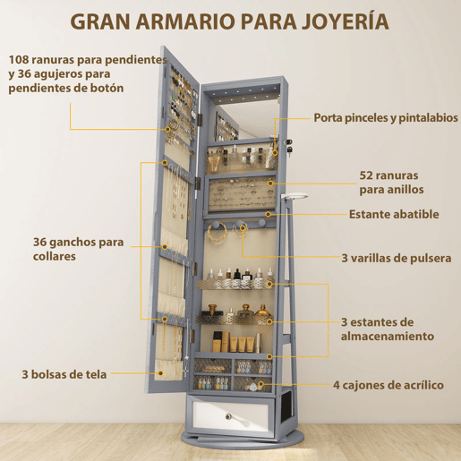 HOMCOM Armário de Joias com Espelho e Luzes LED, Armário de Pé para Joias, Espelho de Corpo Inteiro, Suporte para Secador, Rotativo 360°, Gaveta, Fechadura e Prateleiras Abertas, Cinzento Claro e Bege