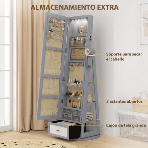 HOMCOM Armário de Joias com Espelho e Luzes LED, Armário de Pé para Joias, Espelho de Corpo Inteiro, Suporte para Secador, Rotativo 360°, Gaveta, Fechadura e Prateleiras Abertas, Cinzento Claro e Bege