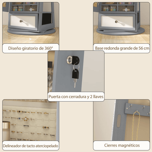 HOMCOM Armário de Joias com Espelho e Luzes LED, Armário de Pé para Joias, Espelho de Corpo Inteiro, Suporte para Secador, Rotativo 360°, Gaveta, Fechadura e Prateleiras Abertas, Cinzento Claro e Bege