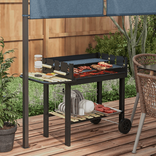 Outsunny Churrasqueira a Carvão, Churrasqueira Portátil, 113x53,5x82,5 cm, com 2 Grelhas Alturas Ajustáveis, Mesa Lateral, Prateleira e Rodas, para Jardim ou Festa ao Ar Livre, Preto