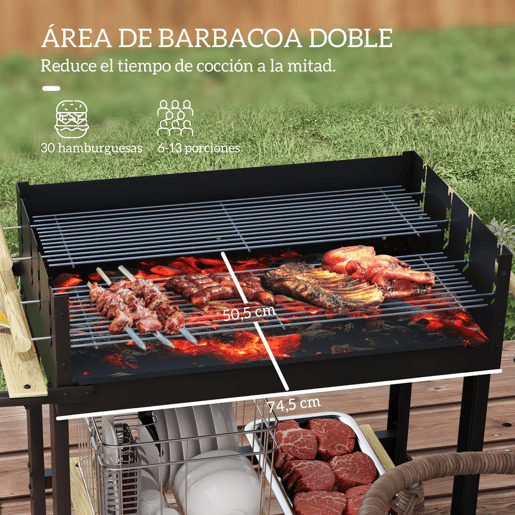 Outsunny Churrasqueira a Carvão, Churrasqueira Portátil, 113x53,5x82,5 cm, com 2 Grelhas Alturas Ajustáveis, Mesa Lateral, Prateleira e Rodas, para Jardim ou Festa ao Ar Livre, Preto