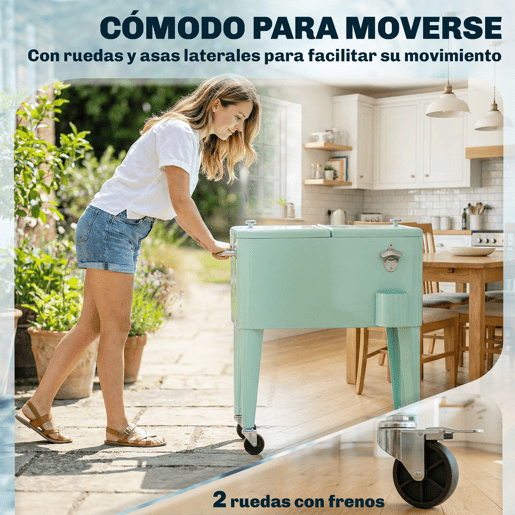 Outsunny Carro de Bebidas Refrigerado 56L com Rodas, Abre-garrafas, Coletor de Tampas e Alça, para Jardim, Festas, Terraço, 75x35x78 cm, Verde Claro Outsunny Carro de Bebidas Refrigerado 56L com Rodas, Abre-garrafas, Coletor de Tampas e Alça, para Jardim, Festas, Terraço, 75x35x78 cm, Verde Claro