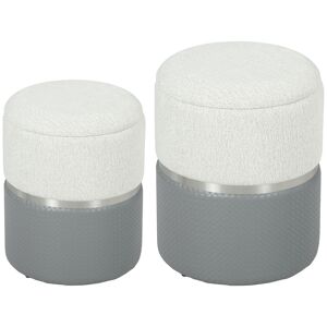 HOMCOM Conjunto de 2 Puffs de Arrumação Baús de Arrumação Redondos Estofados em Chenille e PU Assento Acolchoado para Entrada Quarto Sala Cinzento e Creme