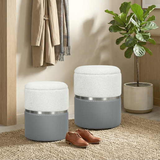 HOMCOM Conjunto de 2 Puffs de Arrumação Baús de Arrumação Redondos Estofados em Chenille e PU Assento Acolchoado para Entrada Quarto Sala Cinzento e Creme