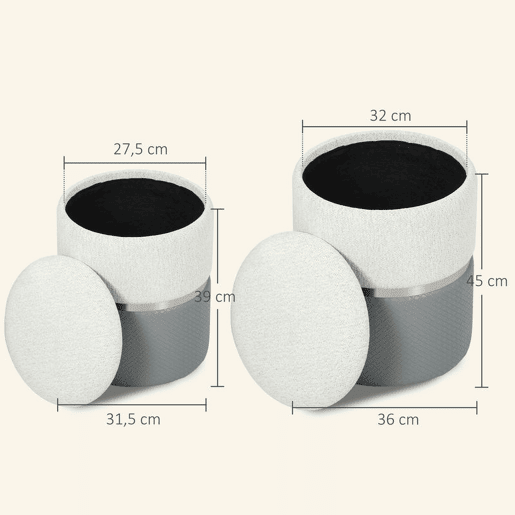 HOMCOM Conjunto de 2 Puffs de Arrumação Baús de Arrumação Redondos Estofados em Chenille e PU Assento Acolchoado para Entrada Quarto Sala Cinzento e Creme