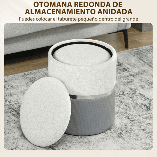 HOMCOM Conjunto de 2 Puffs de Arrumação Baús de Arrumação Redondos Estofados em Chenille e PU Assento Acolchoado para Entrada Quarto Sala Cinzento e Creme