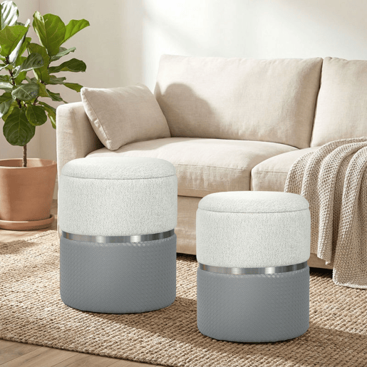 HOMCOM Conjunto de 2 Puffs de Arrumação Baús de Arrumação Redondos Estofados em Chenille e PU Assento Acolchoado para Entrada Quarto Sala Cinzento e Creme