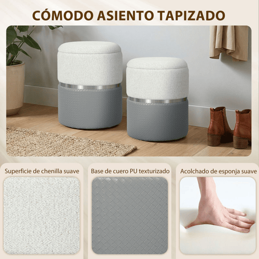 HOMCOM Conjunto de 2 Puffs de Arrumação Baús de Arrumação Redondos Estofados em Chenille e PU Assento Acolchoado para Entrada Quarto Sala Cinzento e Creme