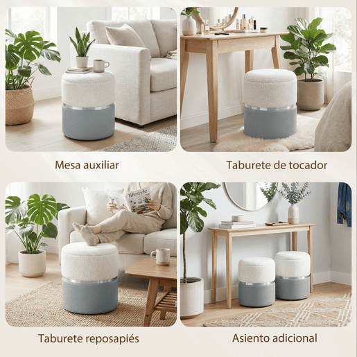 HOMCOM Conjunto de 2 Puffs de Arrumação Baús de Arrumação Redondos Estofados em Chenille e PU Assento Acolchoado para Entrada Quarto Sala Cinzento e Creme