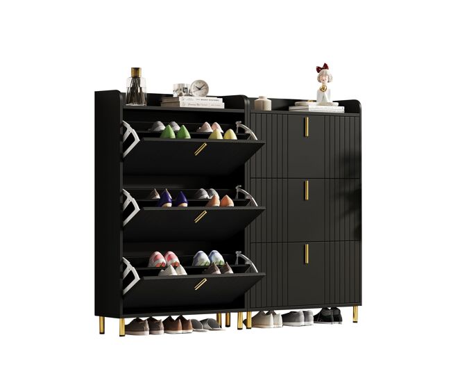 Zapatero 80x23,5x123,5 cm - 6 compartimentos, puertas abatibles, anticaída - negro