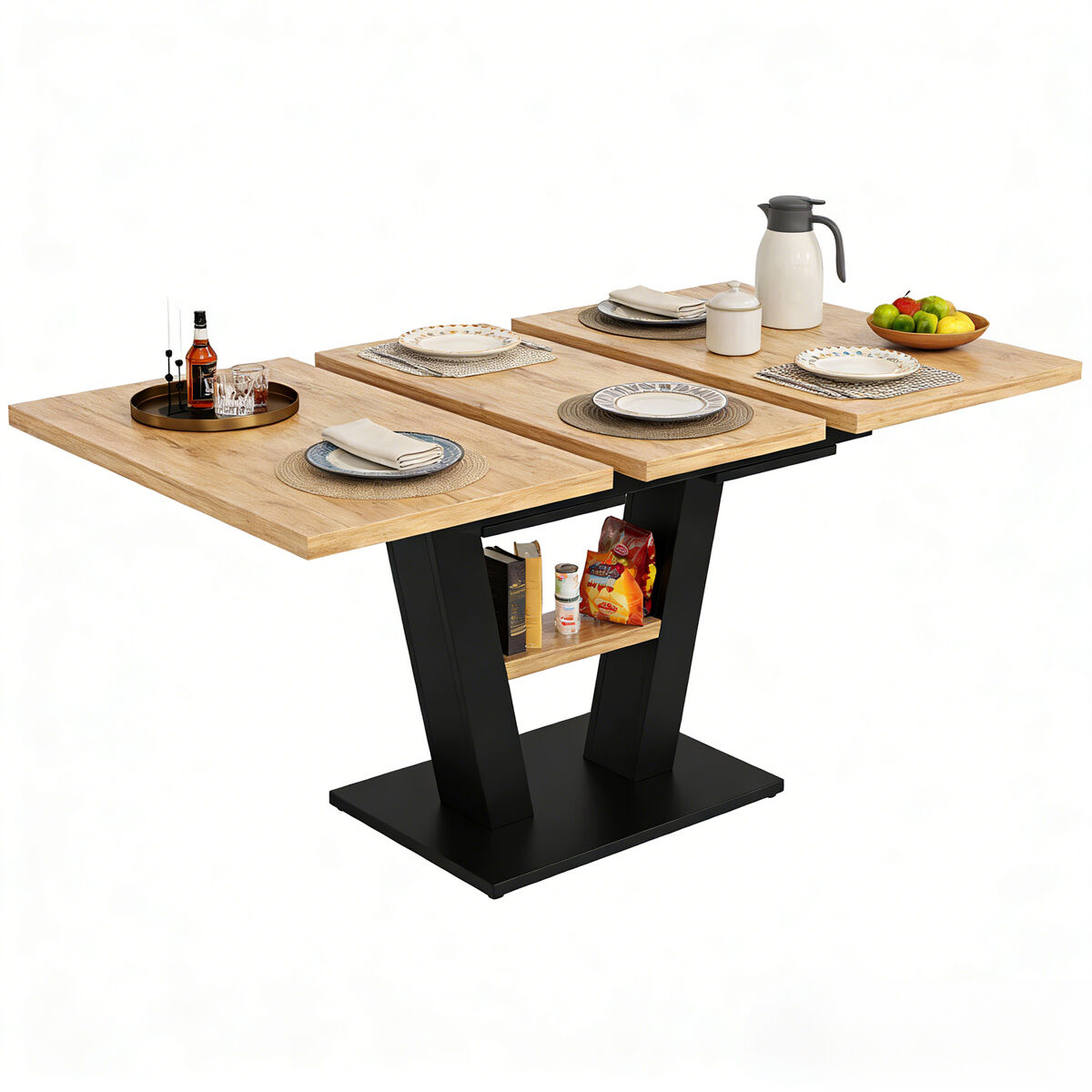 Mesa de comedor extensible vexa con estantería integrada de estilo industrial madera de roble y metal negro para cuatro a ocho personas de meubles