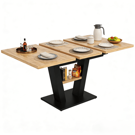 Mesa de Jantar Extensível Vexa com Estante Integrada de Estilo Industrial Madeira de Carvalho e Metal Preto para Quatro a Oito Pessoas de MEUBLES COSY