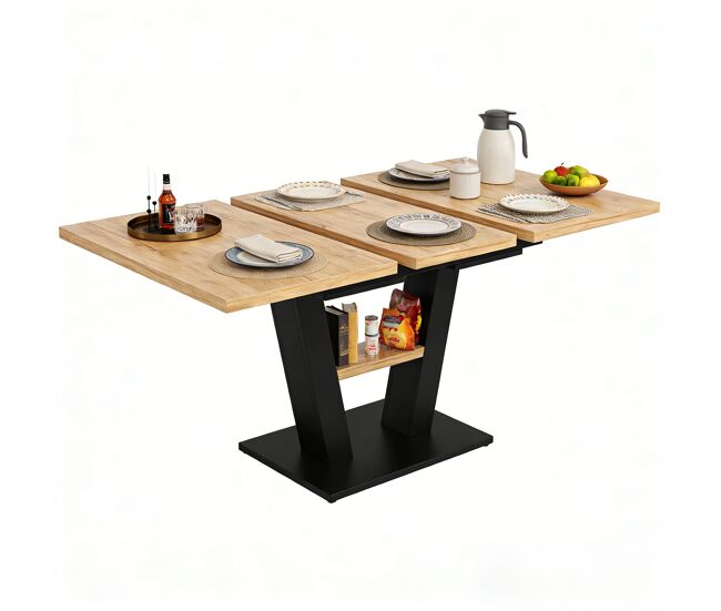 Mesa de comedor extensible vexa con estantería integrada de estilo industrial madera de roble y metal negro para cuatro a ocho personas de meubles