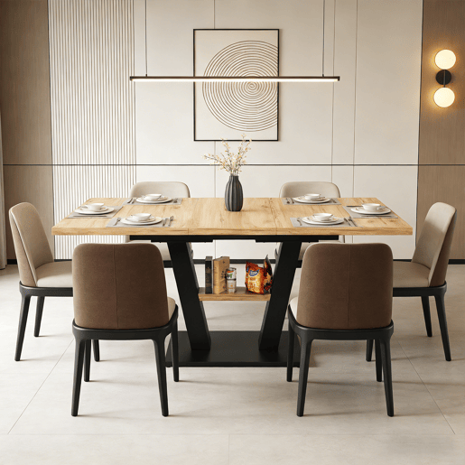 Mesa de Jantar Extensível Vexa com Estante Integrada de Estilo Industrial Madeira de Carvalho e Metal Preto para Quatro a Oito Pessoas de MEUBLES COSY
