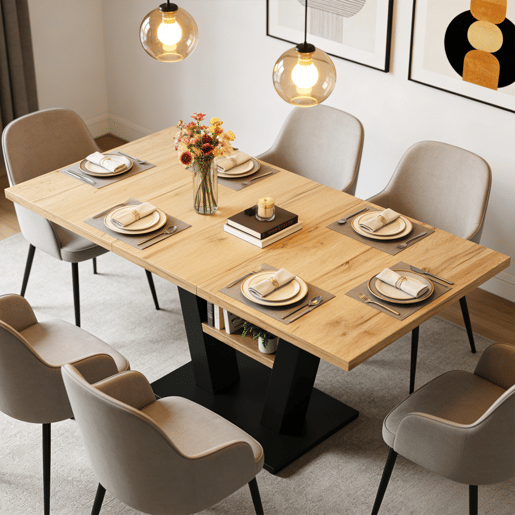 Mesa de Jantar Extensível Vexa com Estante Integrada de Estilo Industrial Madeira de Carvalho e Metal Preto para Quatro a Oito Pessoas de MEUBLES COSY