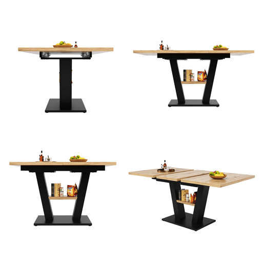 Mesa de Jantar Extensível Vexa com Estante Integrada de Estilo Industrial Madeira de Carvalho e Metal Preto para Quatro a Oito Pessoas de MEUBLES COSY