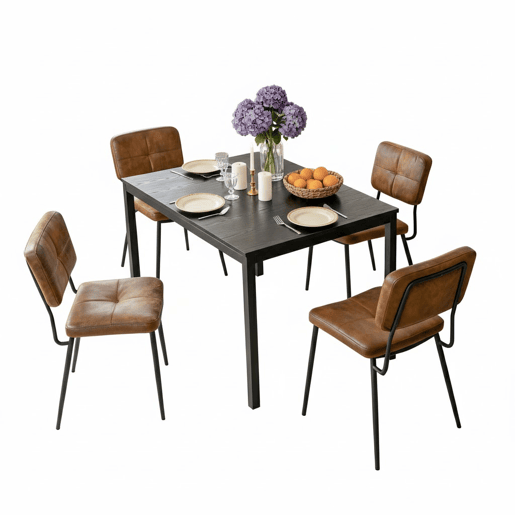 Mesa Jantar Extensível Preta 120-160 cm com 4 Cadeiras Coquille Estofadas Suede Castanho Assento Acolchoado Pernas Metálicas Estilo Industrial Moderno