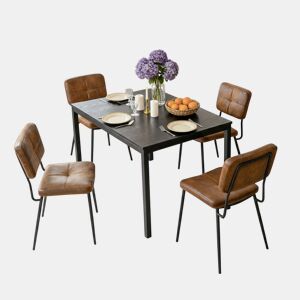Mesa Jantar Extensível Preta 120-160 cm com 4 Cadeiras Coquille Estofadas Suede Castanho Assento Acolchoado Pernas Metálicas Estilo Industrial Moderno