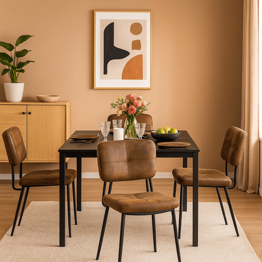 Mesa Jantar Extensível Preta 120-160 cm com 4 Cadeiras Coquille Estofadas Suede Castanho Assento Acolchoado Pernas Metálicas Estilo Industrial Moderno