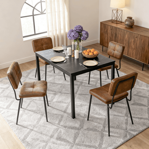 Mesa Jantar Extensível Preta 120-160 cm com 4 Cadeiras Coquille Estofadas Suede Castanho Assento Acolchoado Pernas Metálicas Estilo Industrial Moderno