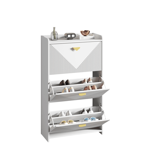 Sapateira 70x30x120 cm - 3 portas batentes, 6 compartimentos, design vazio, Branco