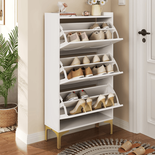 Sapateira com 3 níveis - amplo espaço de arrumação, pés metálicos, design moderno e luminoso - Branco