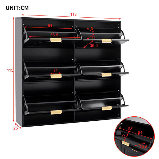 Sapateira moderna 118x115x25 cm - 6 compartimentos rebatíveis, prateleiras abertas - Preto