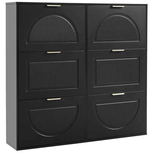 Sapateira moderna 118x115x25 cm - 6 compartimentos rebatíveis, prateleiras abertas - Preto
