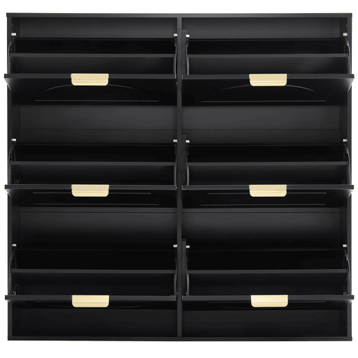 Sapateira moderna 118x115x25 cm - 6 compartimentos rebatíveis, prateleiras abertas - Preto