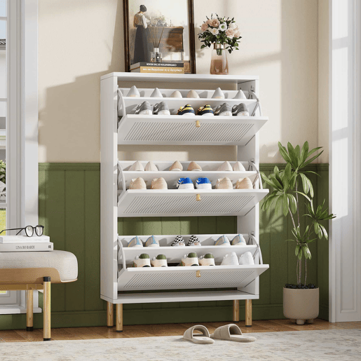 Sapateira estreita 73x23x125 cm - 3 portas basculantes com ranhuras, 6 prateleiras, design contemporâneo - Branco