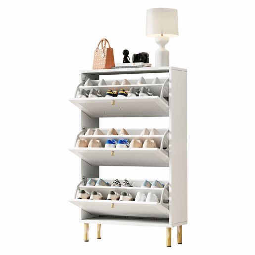 Sapateira estreita 73x23x125 cm - 3 portas basculantes com ranhuras, 6 prateleiras, design contemporâneo - Branco