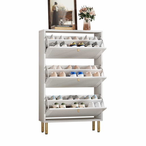 Sapateira estreita 73x23x125 cm - 3 portas basculantes com ranhuras, 6 prateleiras, design contemporâneo - Branco