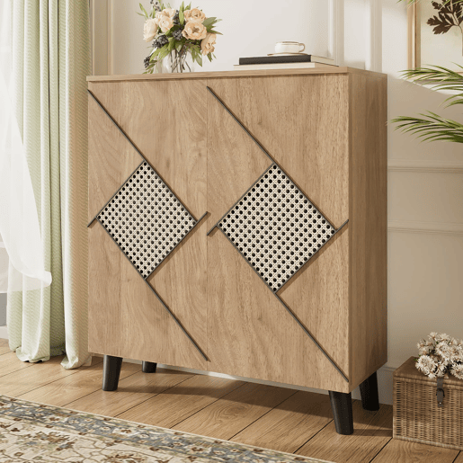 Sapateira 80x32x91 cm - Estilo moderno com padrão de rattan, portas fechadas, madeira