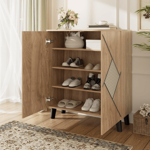 Sapateira 80x32x91 cm - Estilo moderno com padrão de rattan, portas fechadas, madeira
