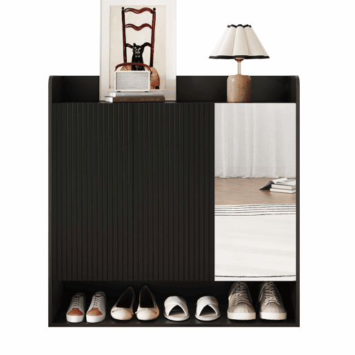 Sapateira com espelho de corpo inteiro - estrutura preta com design vertical, várias prateleiras de grande capacidade para sapatos - Preto