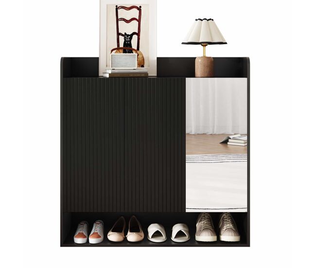 Zapatero con espejo de cuerpo entero - estructura negra con diseño vertical, multiestantes de gran capacidad para entrada - negro