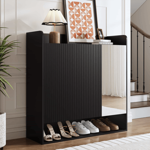 Sapateira com espelho de corpo inteiro - estrutura preta com design vertical, várias prateleiras de grande capacidade para sapatos - Preto