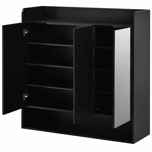 Sapateira com espelho de corpo inteiro - estrutura preta com design vertical, várias prateleiras de grande capacidade para sapatos - Preto