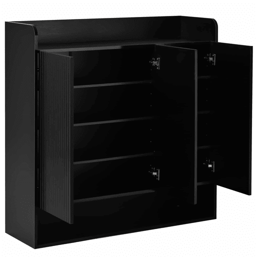 Sapateira com espelho de corpo inteiro - estrutura preta com design vertical, várias prateleiras de grande capacidade para sapatos - Preto