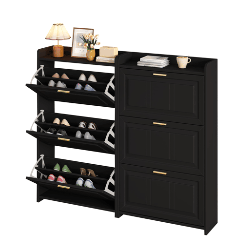 Sapateira 70x24x120 cm - 6 compartimentos, para corredores e escritórios, MDF, Preto, Conjunto de 2